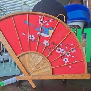Red Fan with Bird and Cherry Blossom Design
